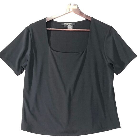 Etcetera Size L Black Top Square Neck Short Sleeve Slinky Blouse 1990s Stretch - Picture 1 of 9